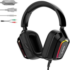 AJAZZ AX368 Gaming Headset with Noise Canceling Mic, Neon LED Light Effect, Compatible with PS4/PS5 Controller, Xbox One, Nintendo Switch, PC, Computer, Call Center(Black-Pink)